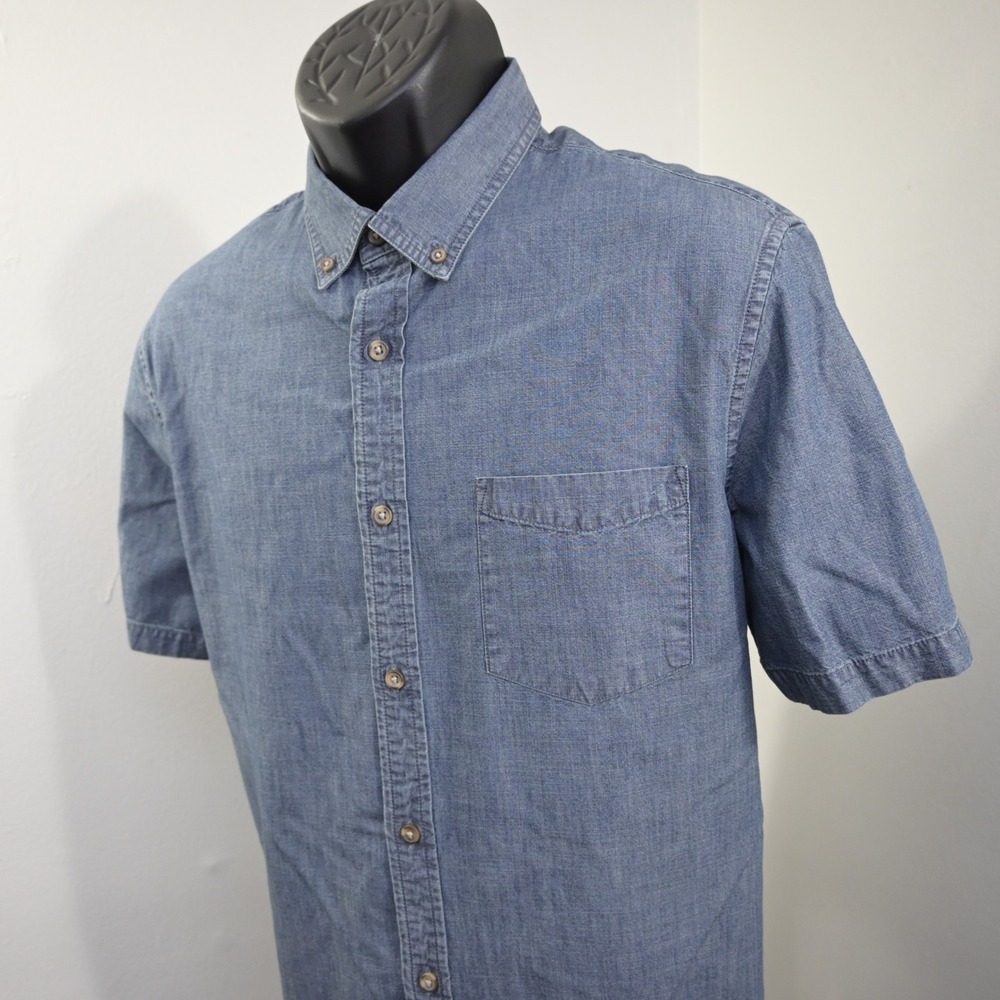 Banana Republic Button Up Men Large Slim Fit Blue Short Sleeve Pocket Cotton